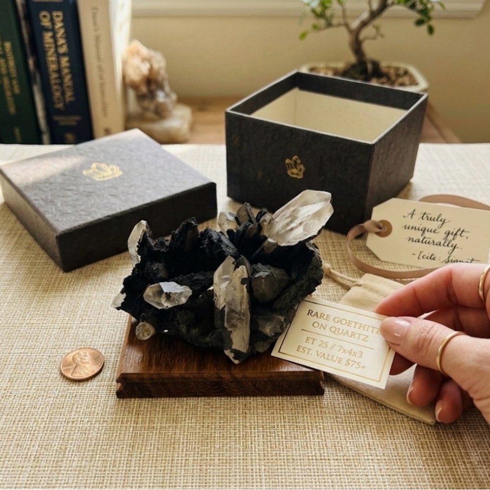 Crystal Cluster Quartz on Goethite Velvet Mineral Specimen wood-stand box Gift